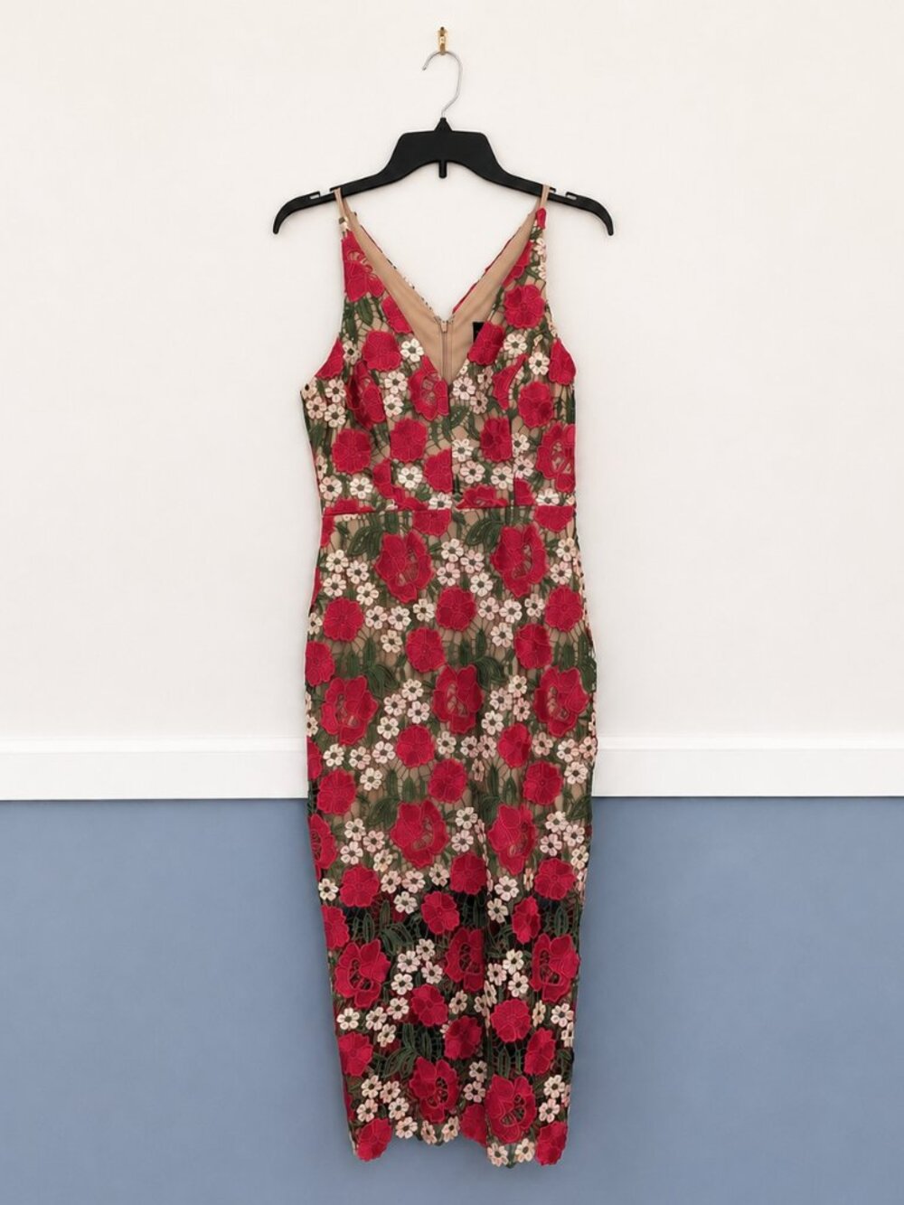 Xscape Floral Embroidered Midi Dress Size 4 Pink Rose Lace Overlay